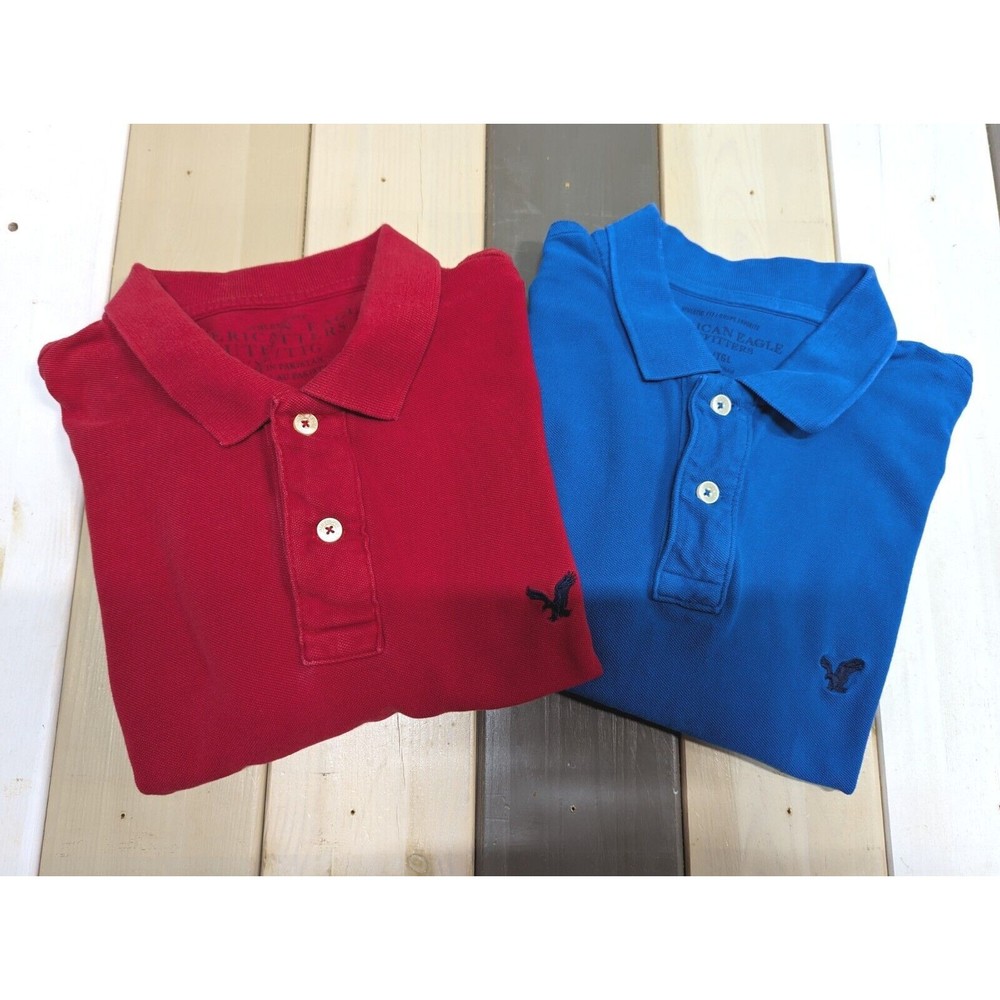 Men's Polo Shirt American Eagle Outfitters 2XL XLT Blue Red 2pc Lot Preppie Nerd